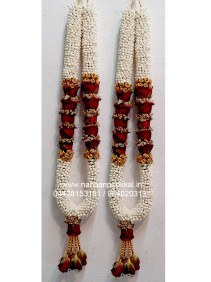 NG045 – Red rose with gold gypsy nanthiyavattai garland – 1 Pair